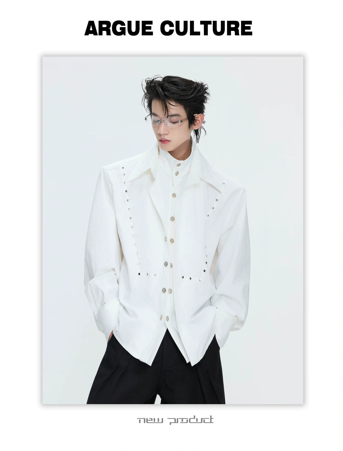 Mock-Layer Cotton Linen Lapel Shirt with Studs - description image 13