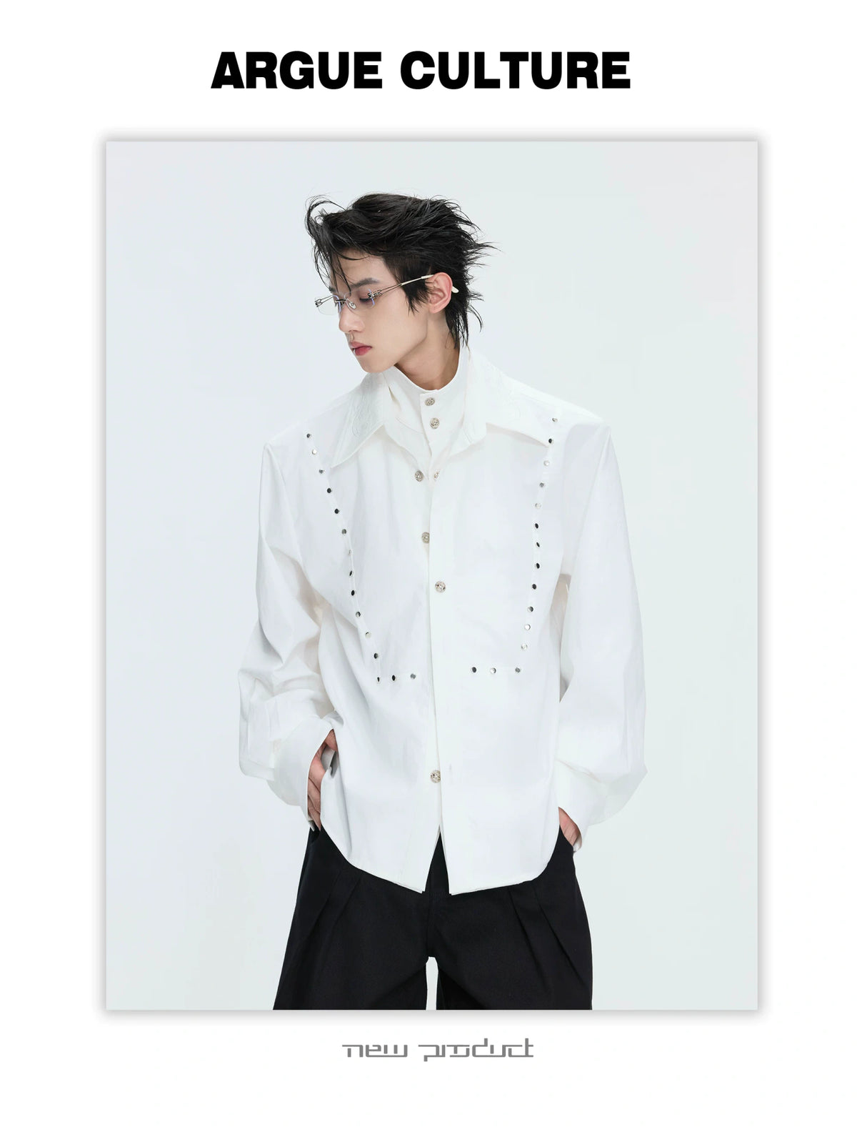 Mock-Layer Cotton Linen Lapel Shirt with Studs - description image 14