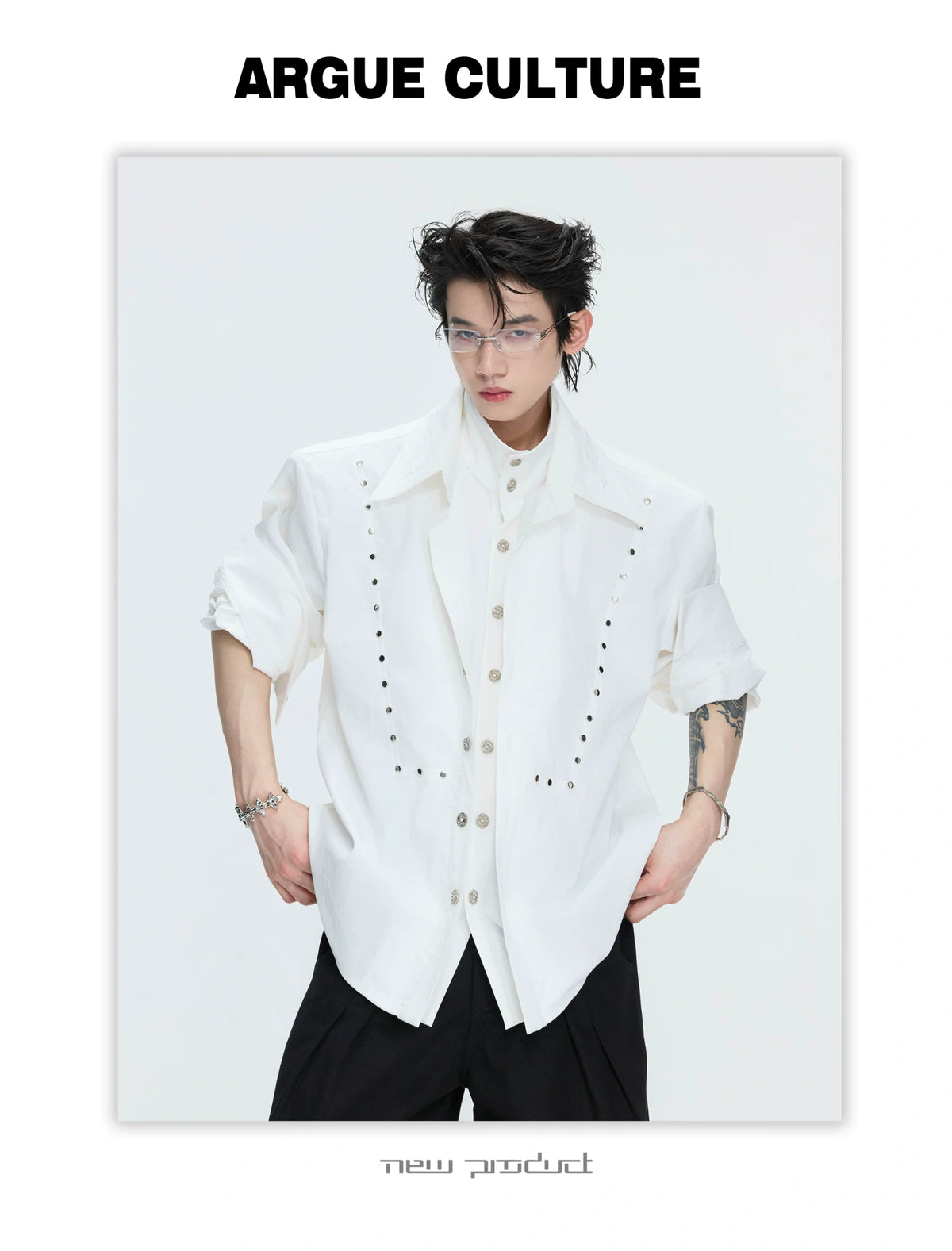 Mock-Layer Cotton Linen Lapel Shirt with Studs - description image 15