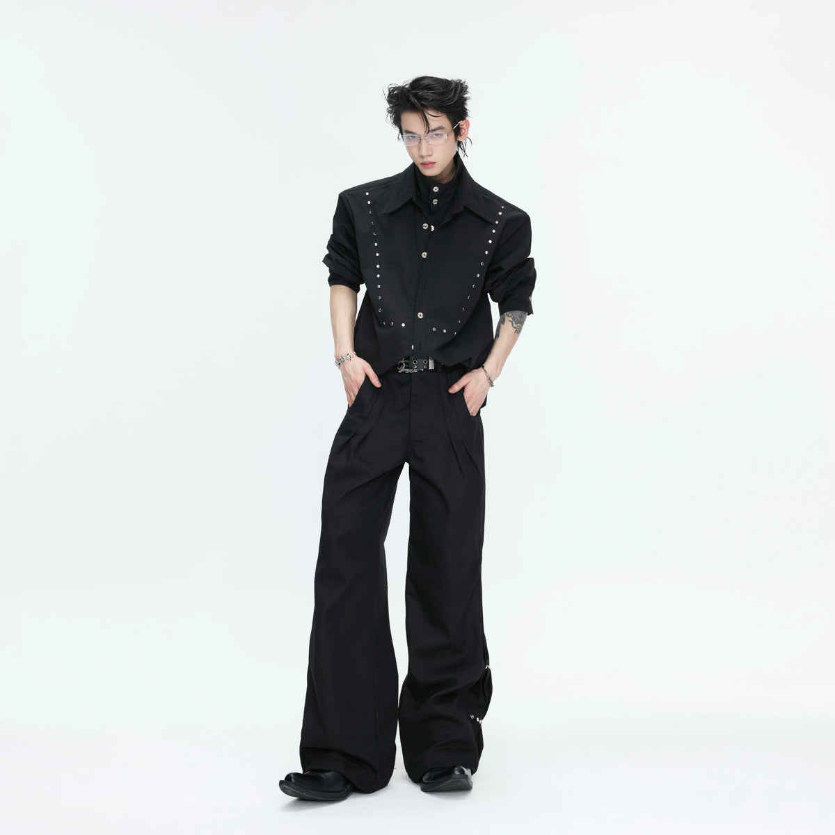 Mock-Layer Cotton Linen Lapel Shirt with Studs - main image 2