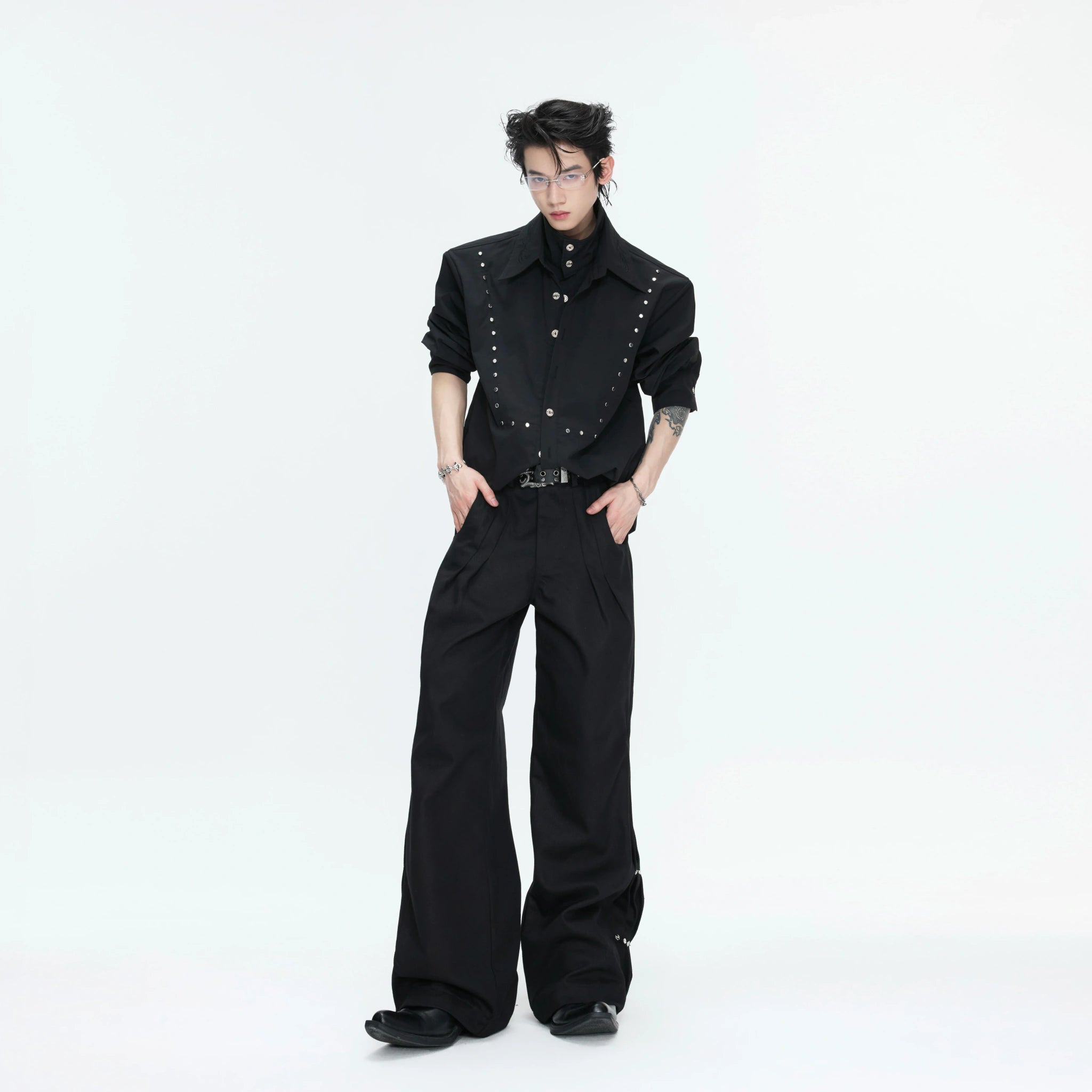 Mock-Layer Cotton Linen Lapel Shirt with Studs - main image 2