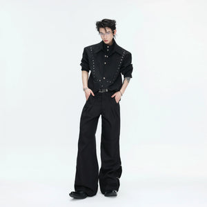 Mock-Layer Cotton Linen Lapel Shirt with Studs - main image 2