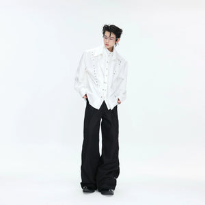 Mock-Layer Cotton Linen Lapel Shirt with Studs - main image 4