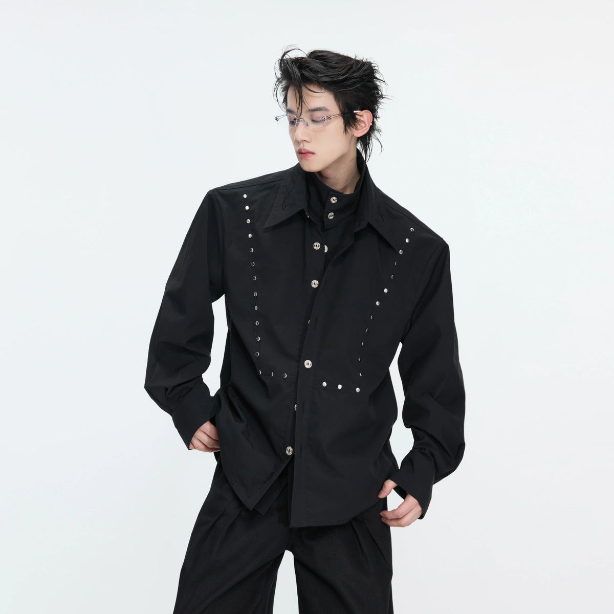 Mock-Layer Cotton Linen Lapel Shirt with Studs - main image 5