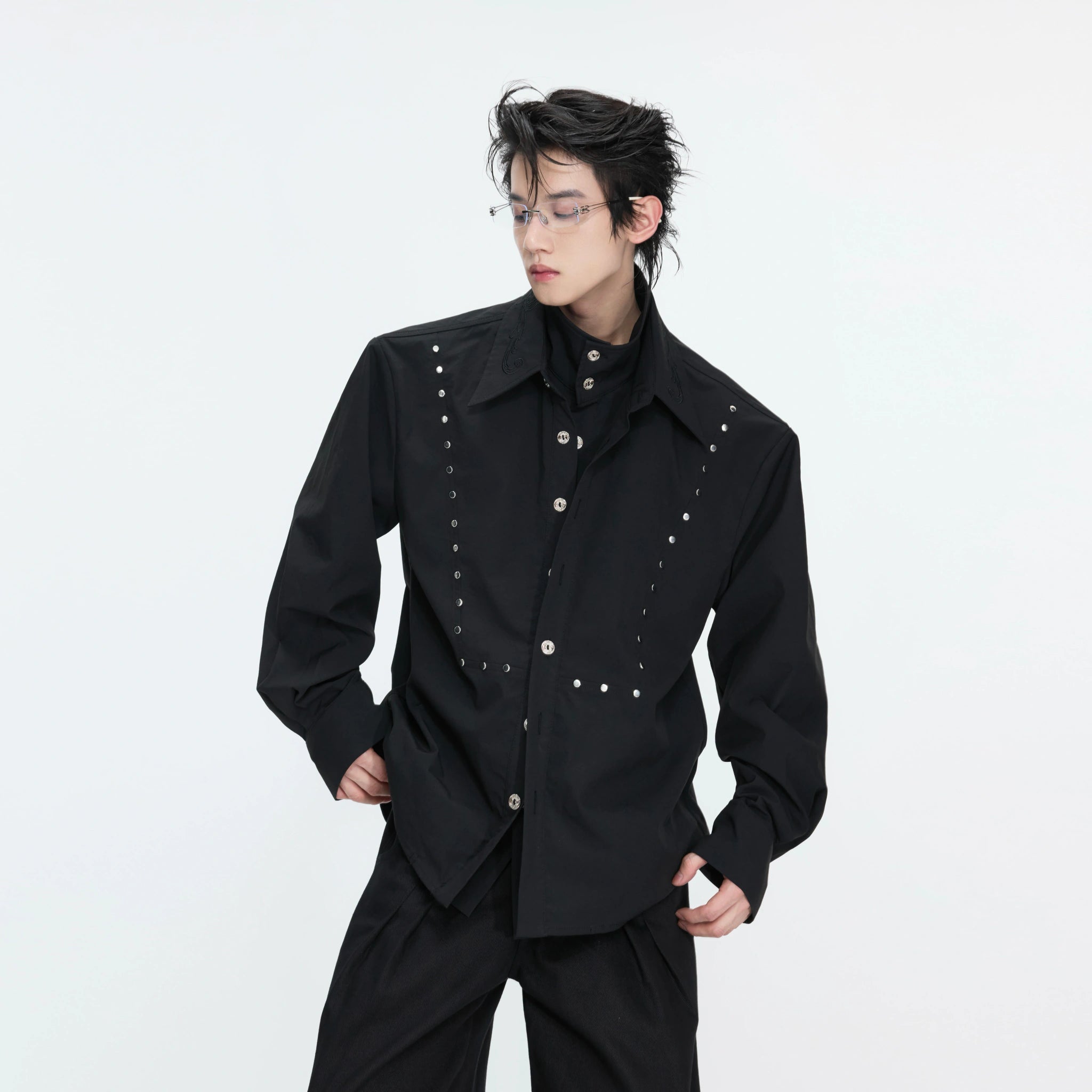 Mock-Layer Cotton Linen Lapel Shirt with Studs - main image 5