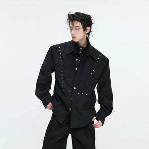 Mock-Layer Cotton Linen Lapel Shirt with Studs - main image 5