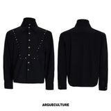 Mock-Layer Cotton Linen Lapel Shirt with Studs - Black Top