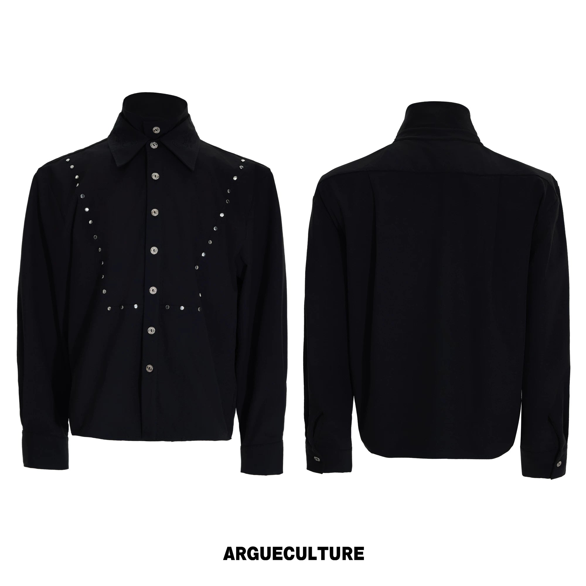 Mock-Layer Cotton Linen Lapel Shirt with Studs - Black Top