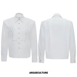 Mock-Layer Cotton Linen Lapel Shirt with Studs - White Top