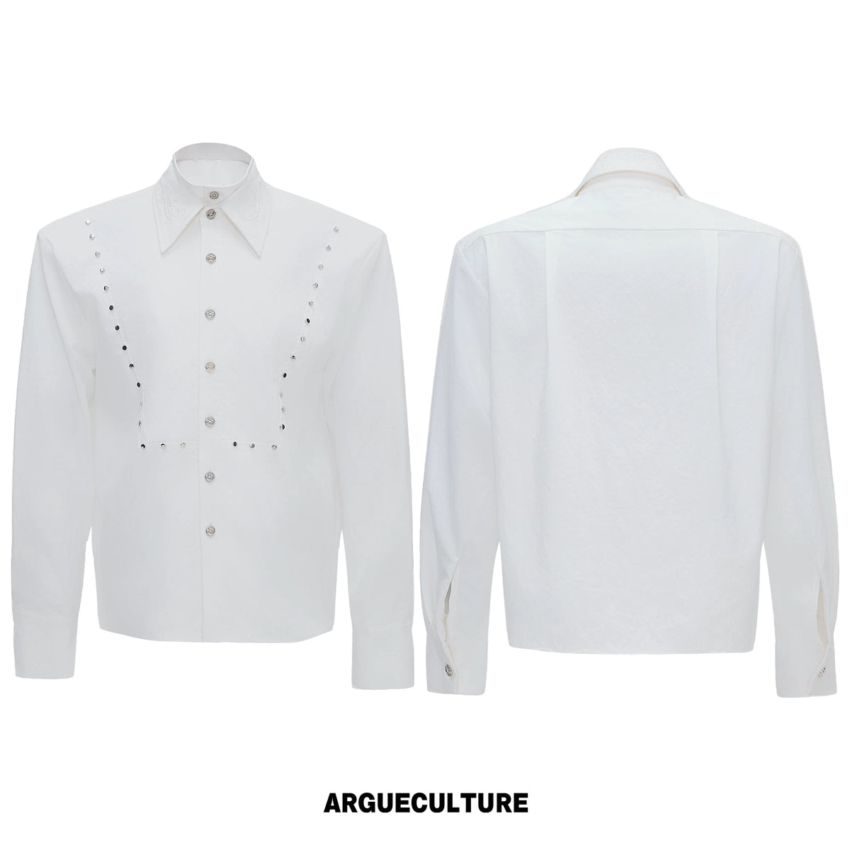 Mock-Layer Cotton Linen Lapel Shirt with Studs - White Top