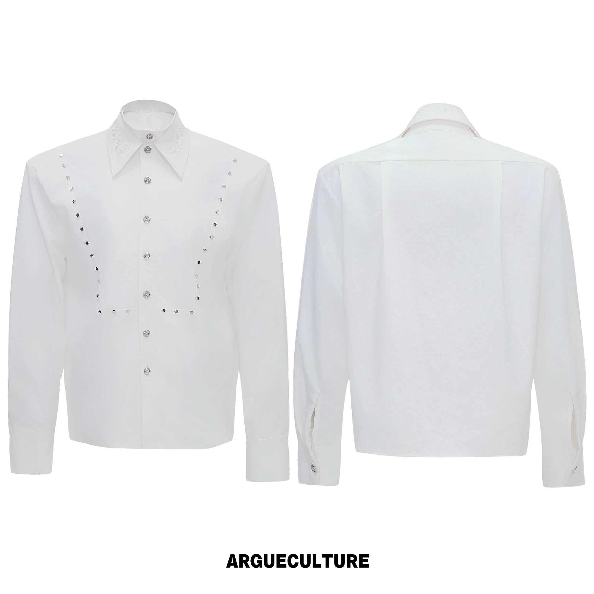 Mock-Layer Cotton Linen Lapel Shirt with Studs - White Top