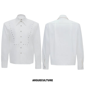 Mock-Layer Cotton Linen Lapel Shirt with Studs - White Top
