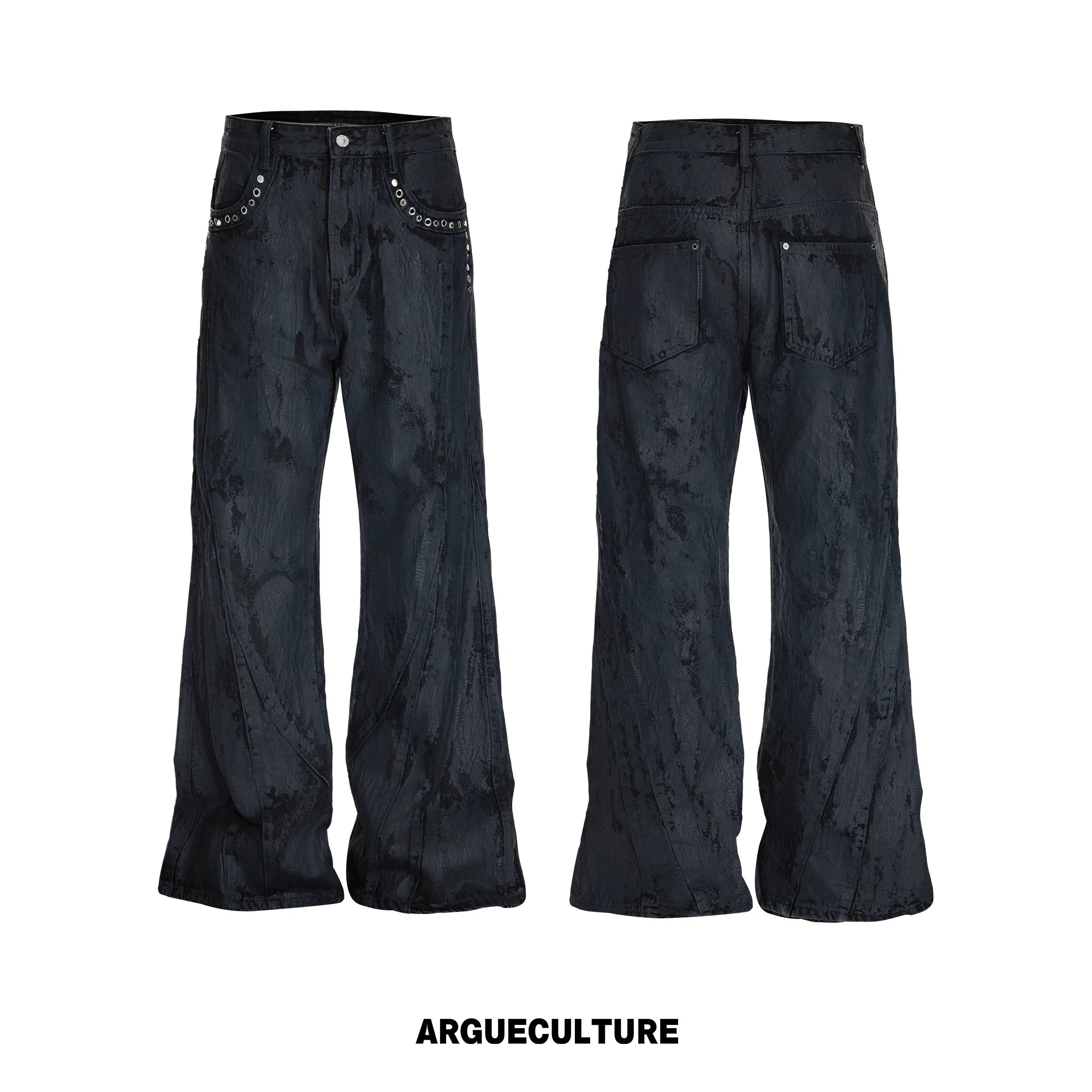 Black Waxed Rivet Straight-Leg Jeans | Argue Culture - Black Pants