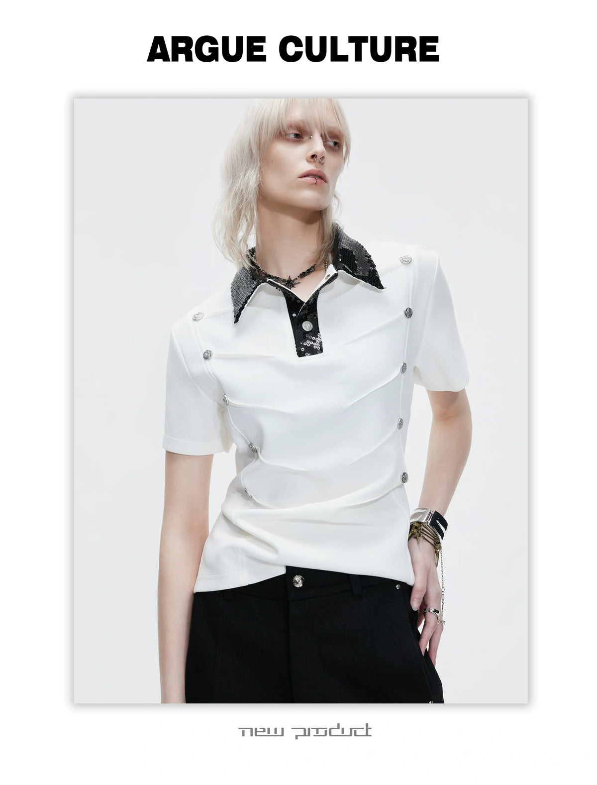 Sequined Pleated Polo Shirt - Avant-Garde Streetwear - description image 5