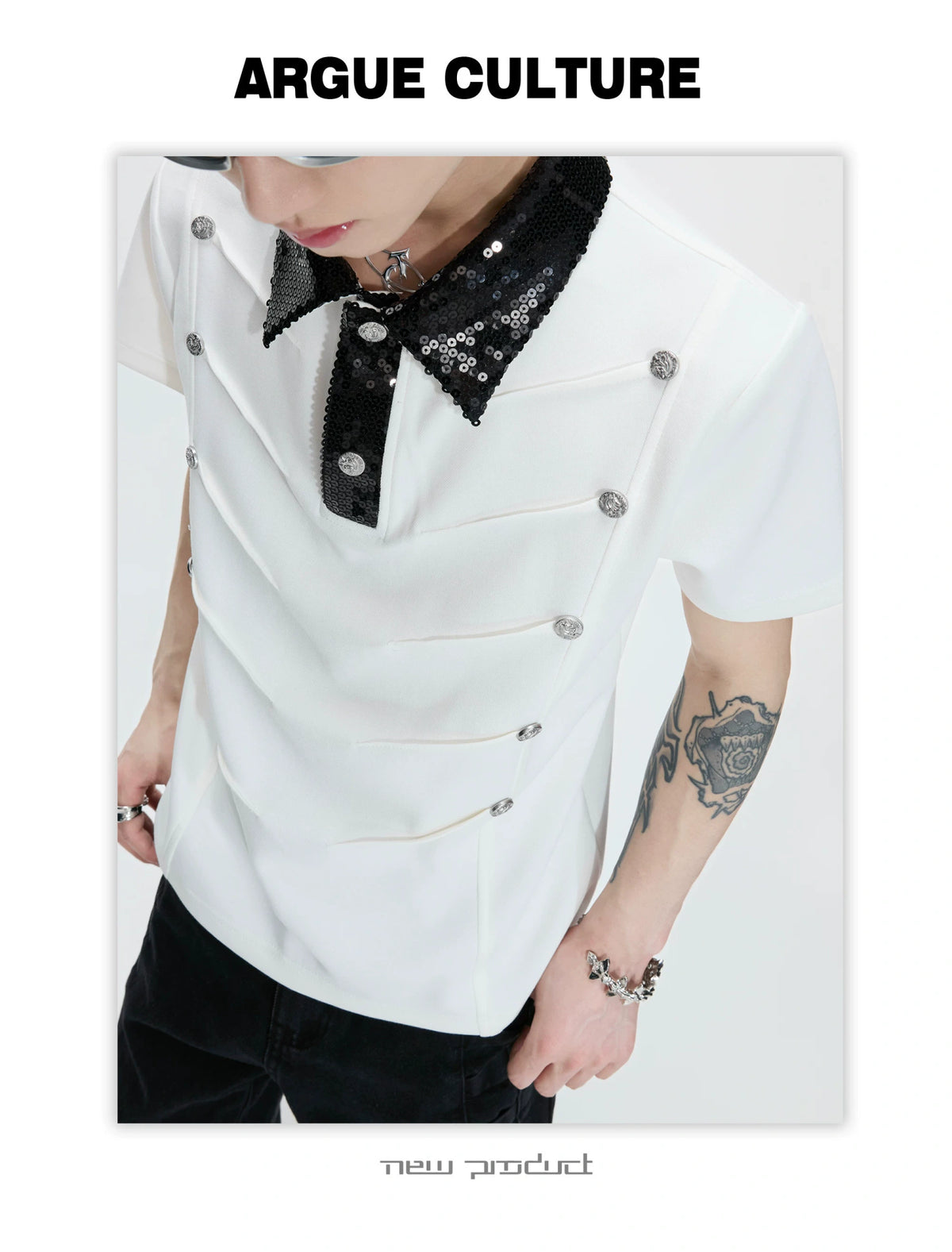 Sequined Pleated Polo Shirt - Avant-Garde Streetwear - description image 6