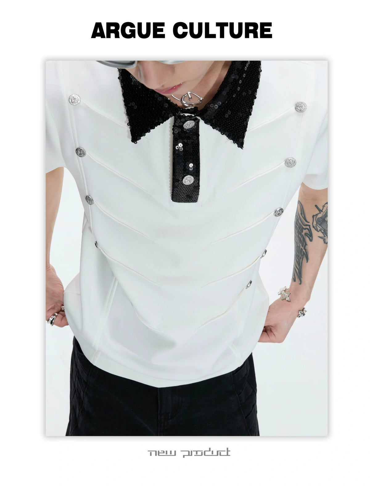 Sequined Pleated Polo Shirt - Avant-Garde Streetwear - description image 7