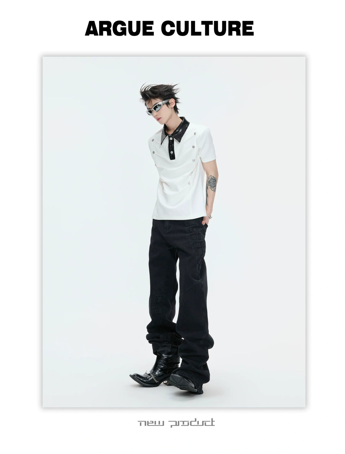 Sequined Pleated Polo Shirt - Avant-Garde Streetwear - description image 9