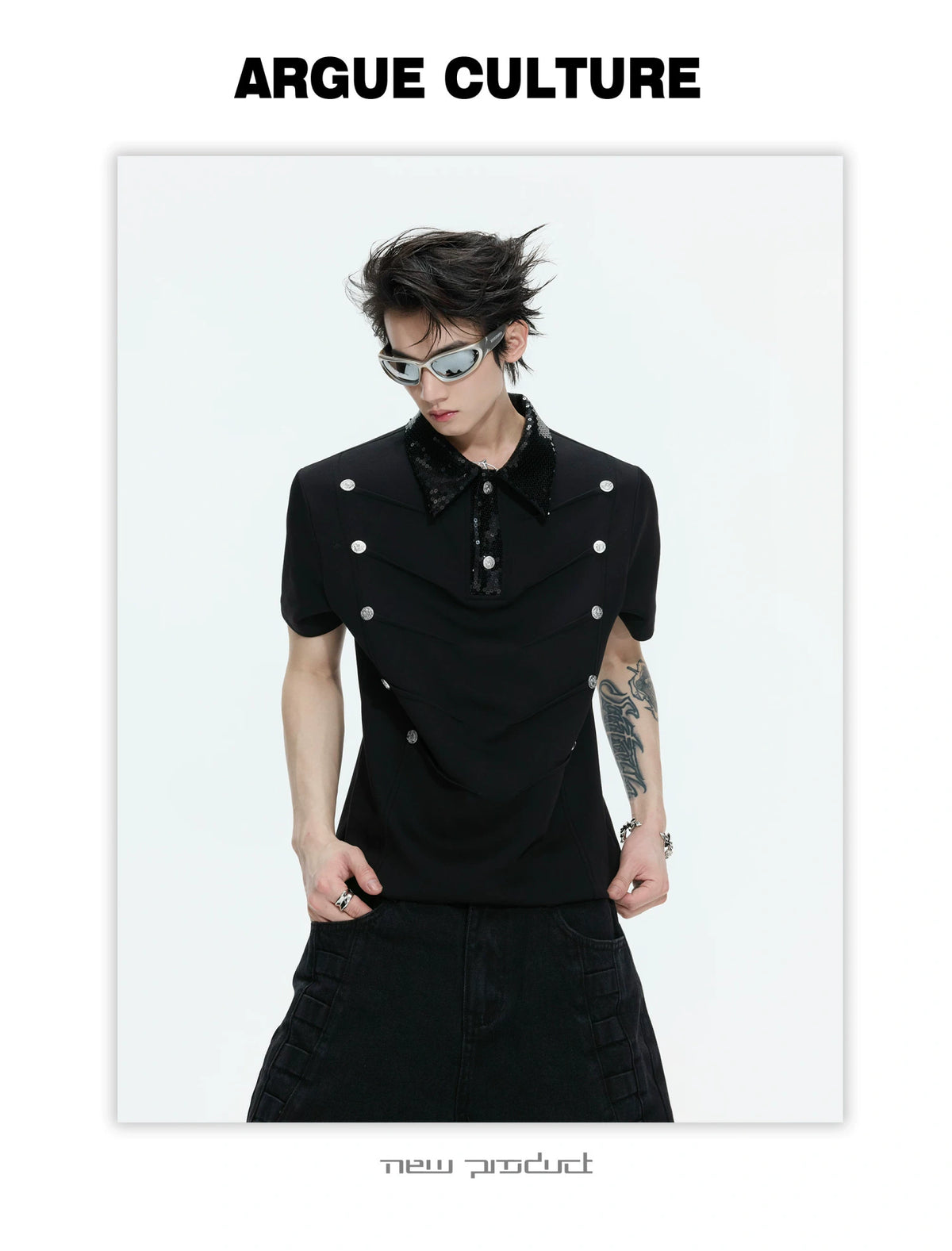 Sequined Pleated Polo Shirt - Avant-Garde Streetwear - description image 10