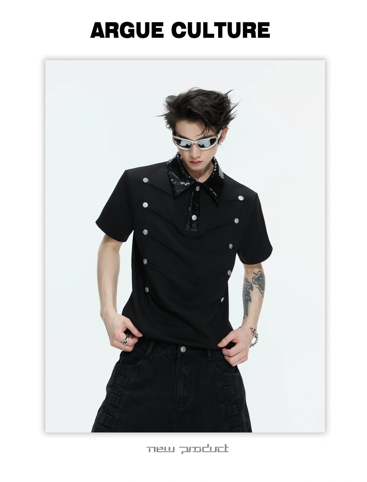 Sequined Pleated Polo Shirt - Avant-Garde Streetwear - description image 11