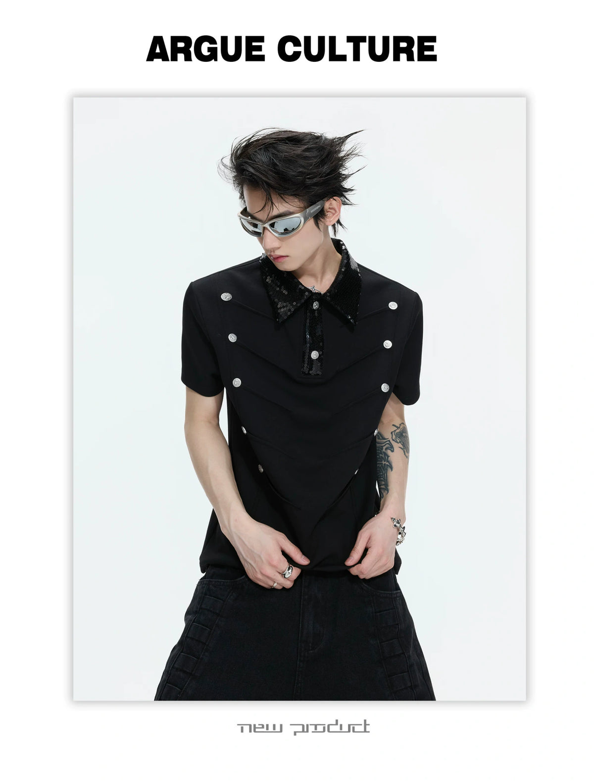 Sequined Pleated Polo Shirt - Avant-Garde Streetwear - description image 12