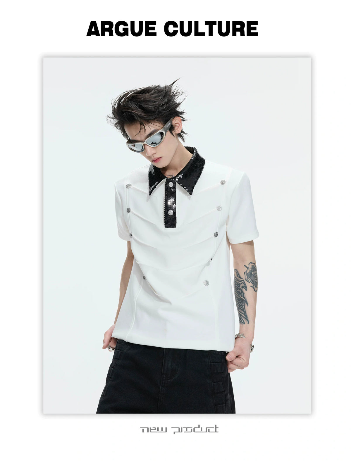 Sequined Pleated Polo Shirt - Avant-Garde Streetwear - description image 13