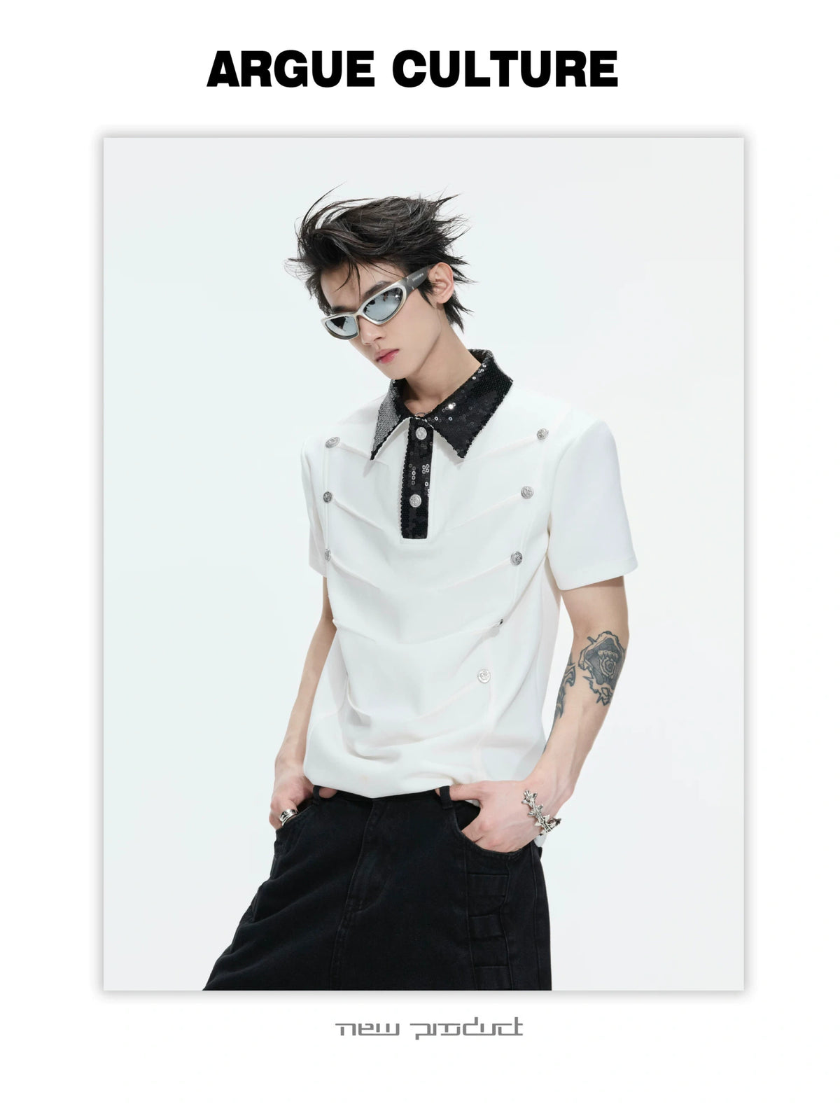 Sequined Pleated Polo Shirt - Avant-Garde Streetwear - description image 15