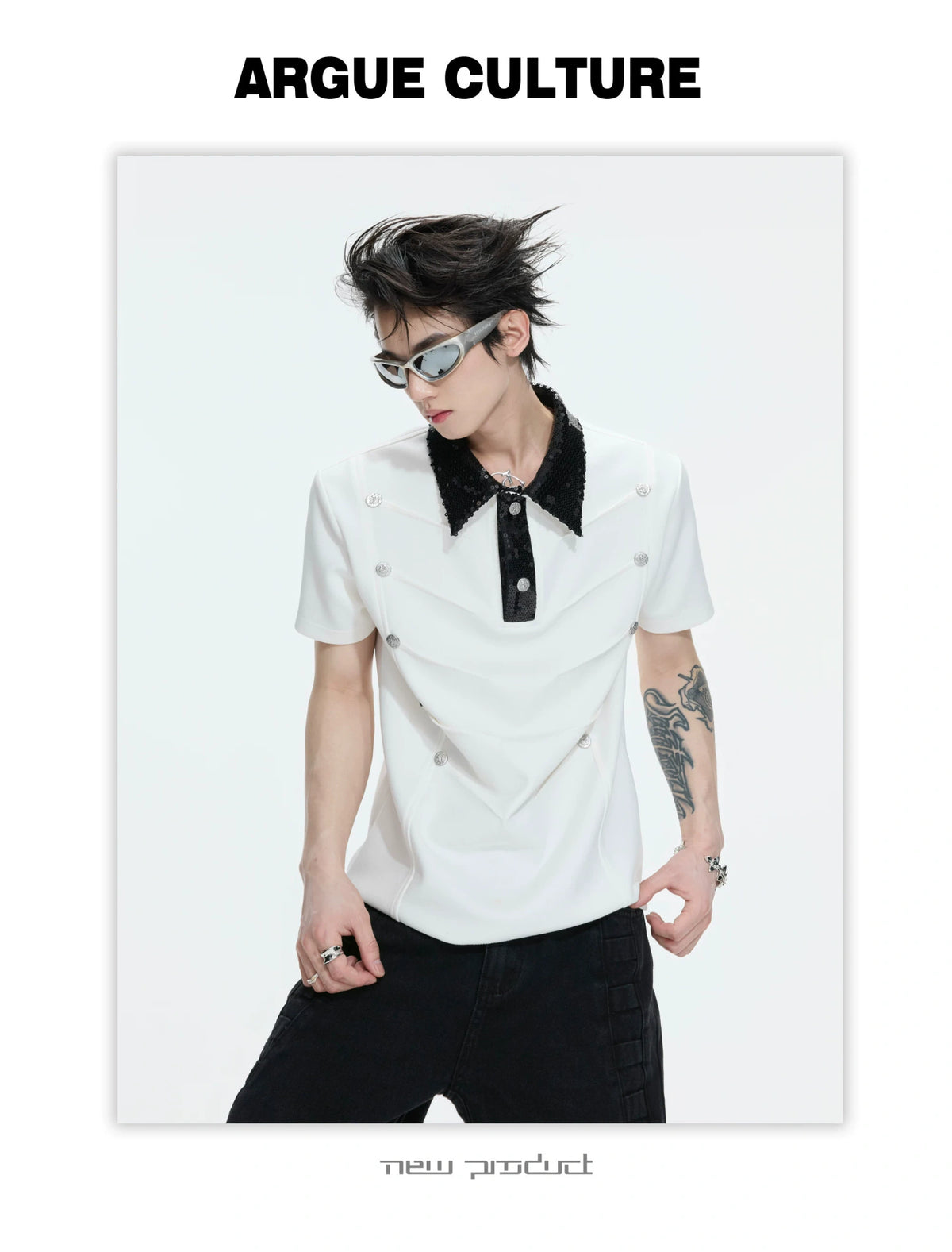 Sequined Pleated Polo Shirt - Avant-Garde Streetwear - description image 16