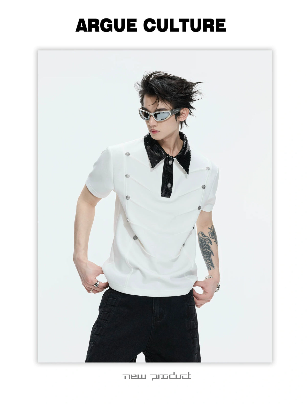 Sequined Pleated Polo Shirt - Avant-Garde Streetwear - description image 17
