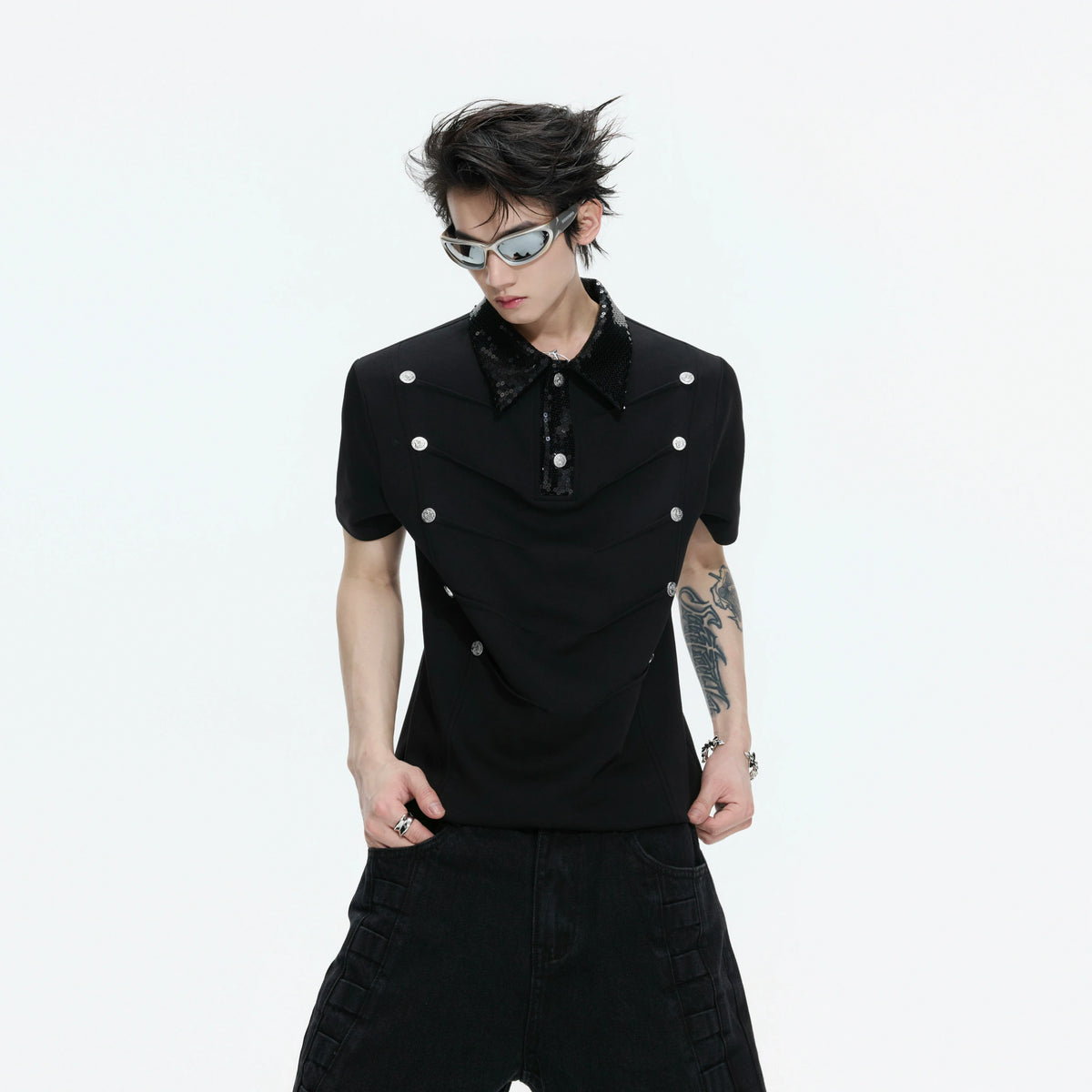 Sequined Pleated Polo Shirt - Avant-Garde Streetwear - main image 1