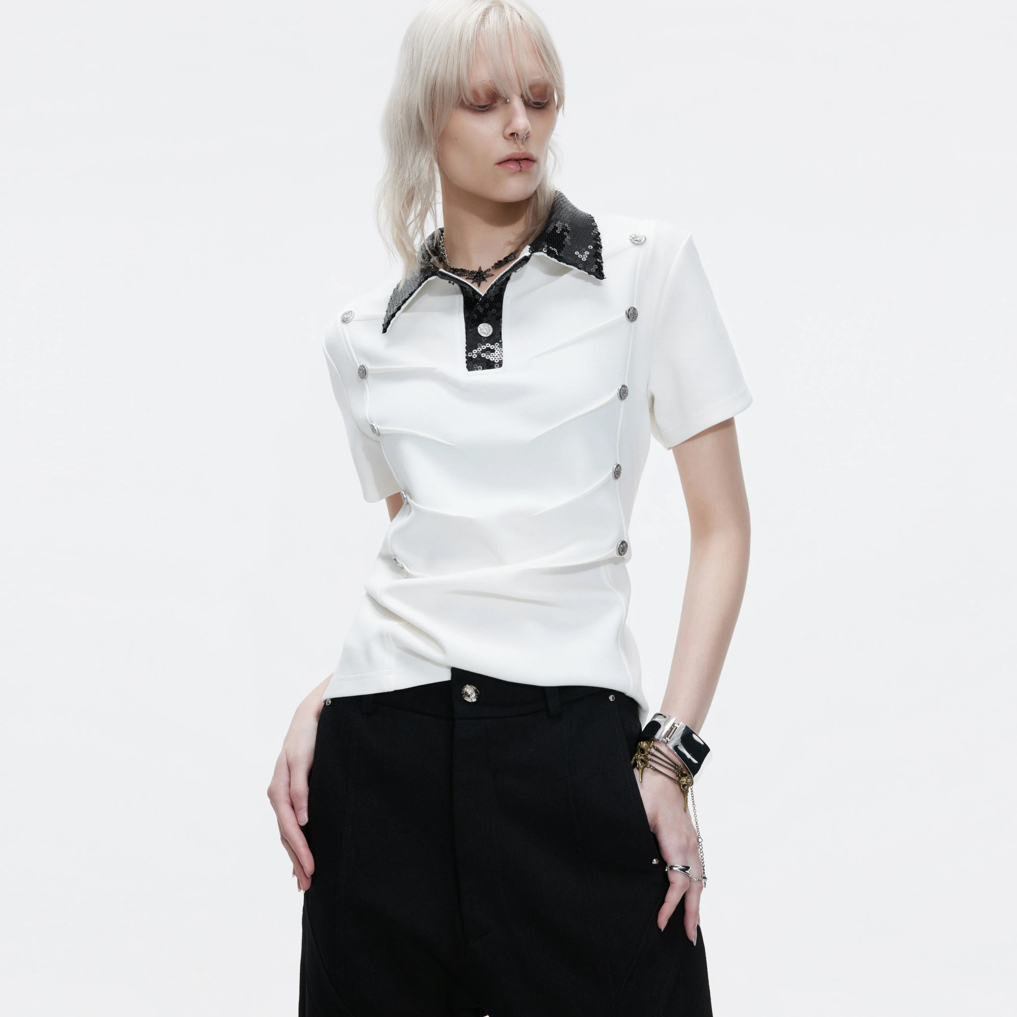 Sequined Pleated Polo Shirt - Avant-Garde Streetwear - main image 2