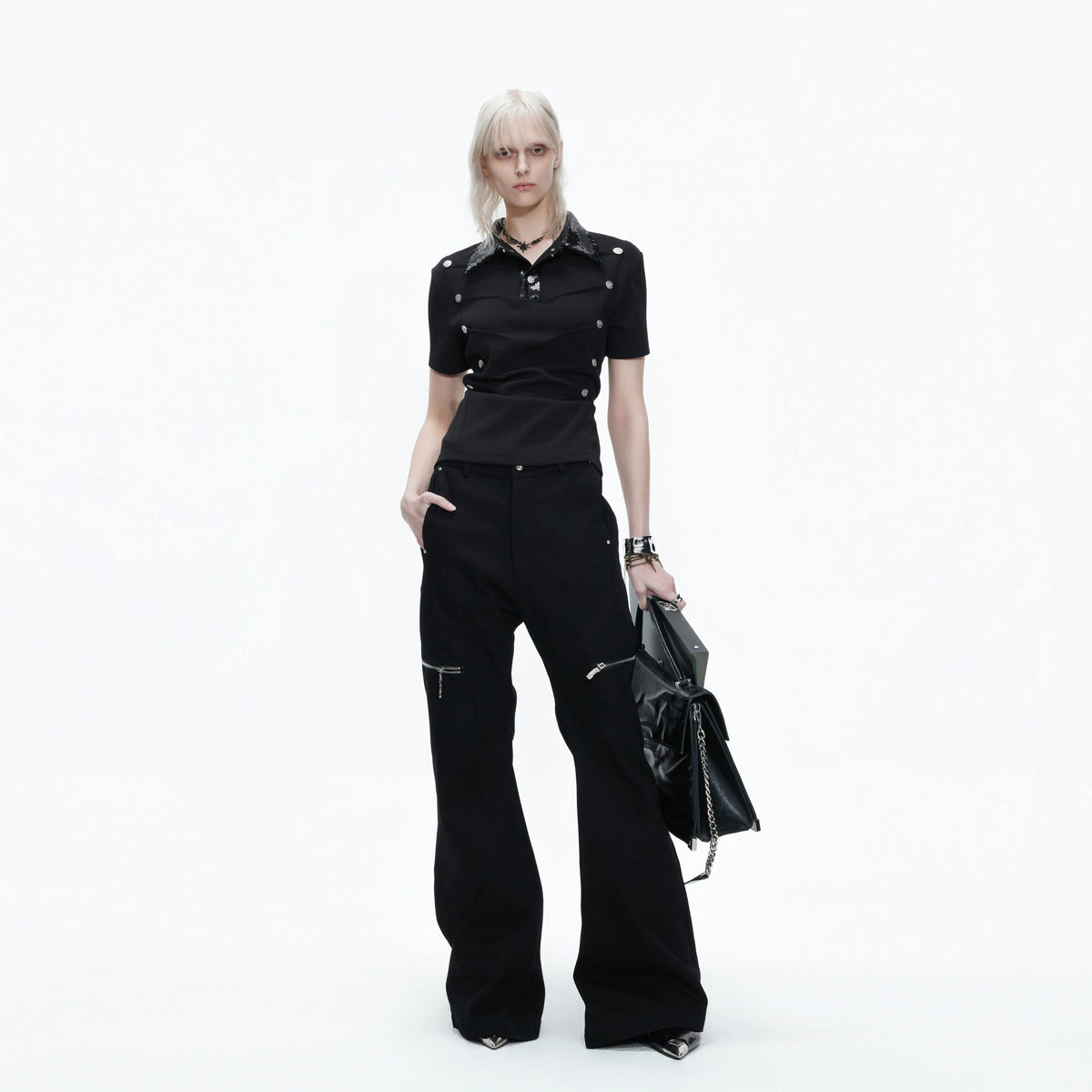 Sequined Pleated Polo Shirt - Avant-Garde Streetwear - main image 3