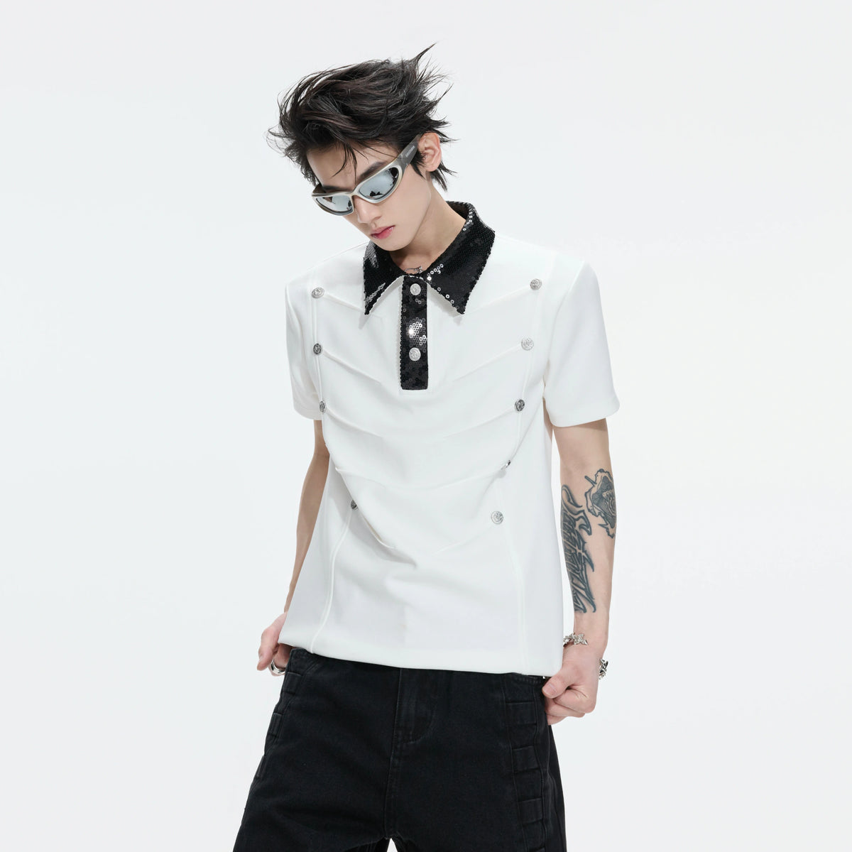 Sequined Pleated Polo Shirt - Avant-Garde Streetwear - main image 4