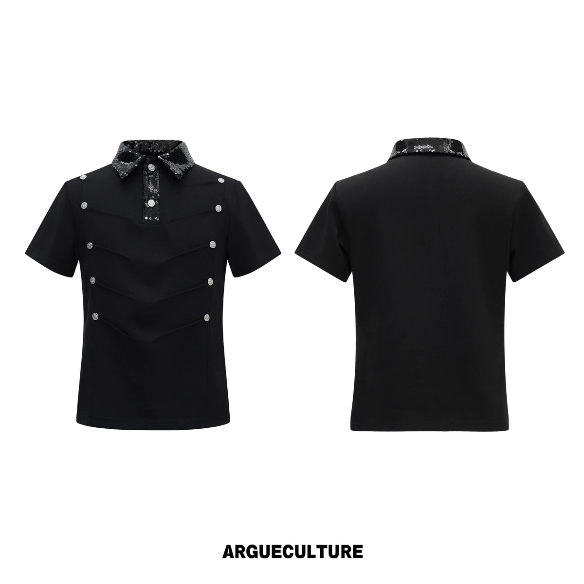 Sequined Pleated Polo Shirt - Avant-Garde Streetwear - Black