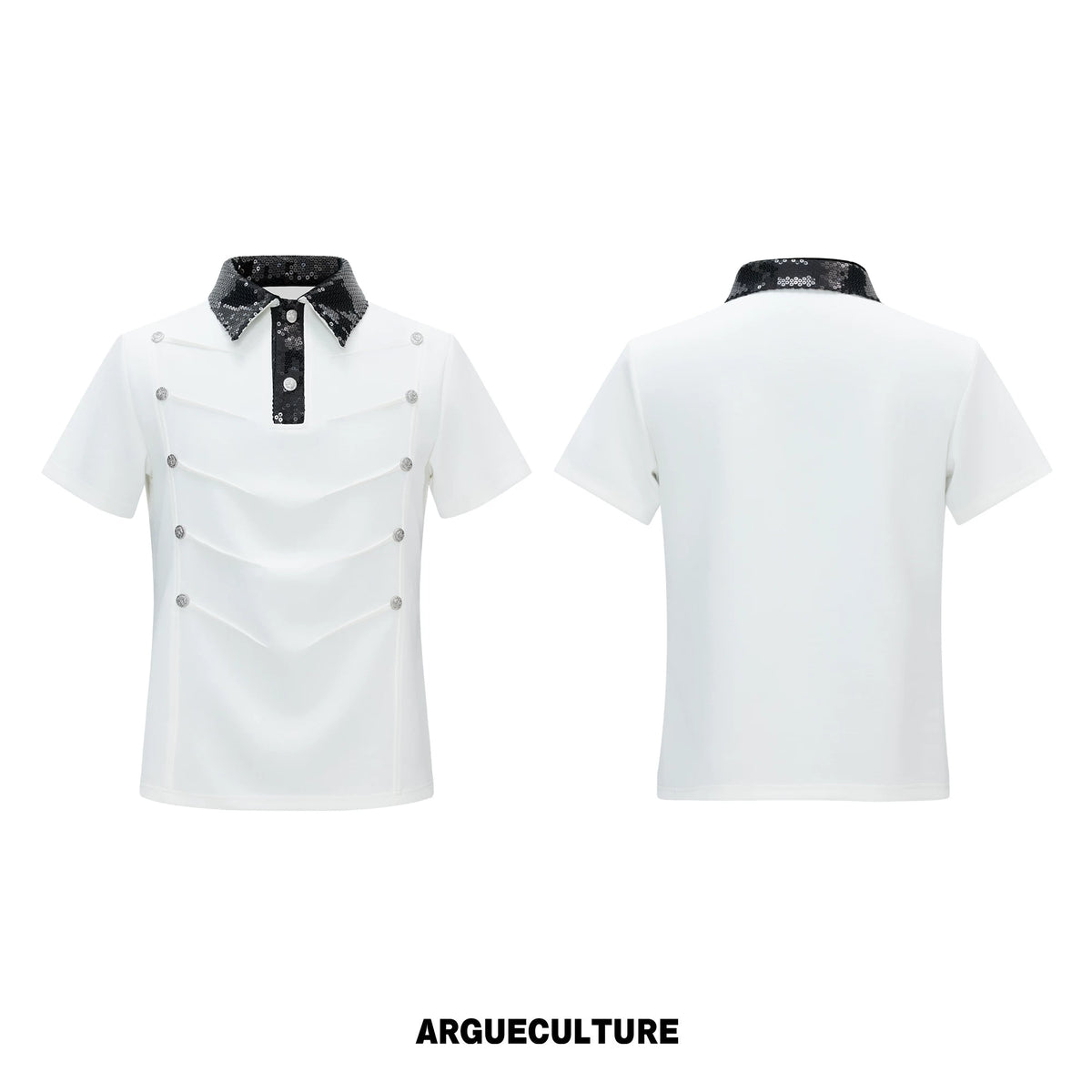 Sequined Pleated Polo Shirt - Avant-Garde Streetwear - White