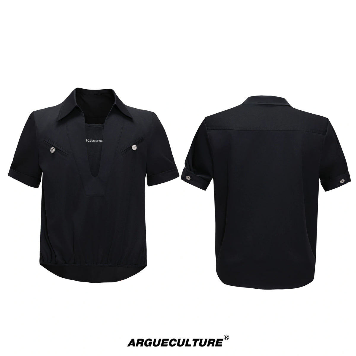 Mock-Layered Utility Shirt in Cotton Lyocell - Black Top