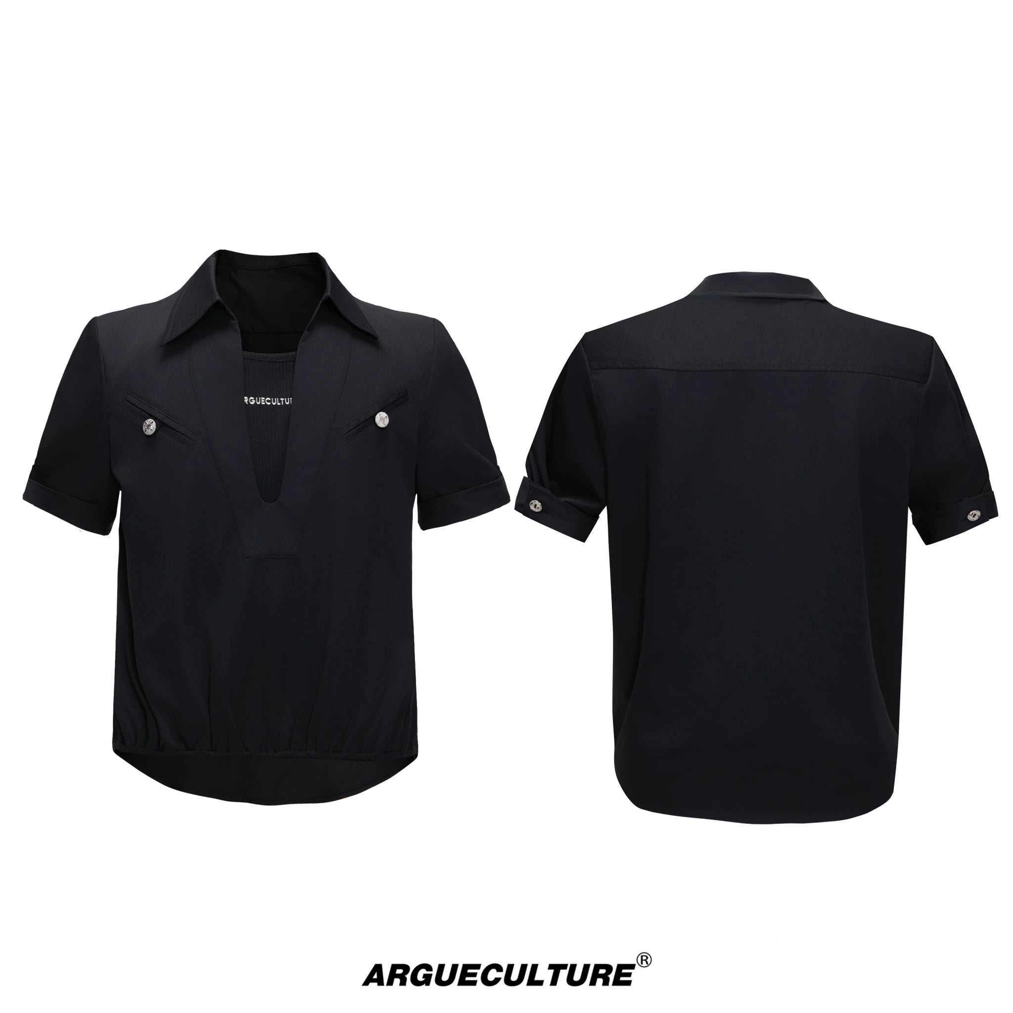 Mock-Layered Utility Shirt in Cotton Lyocell - Black Top