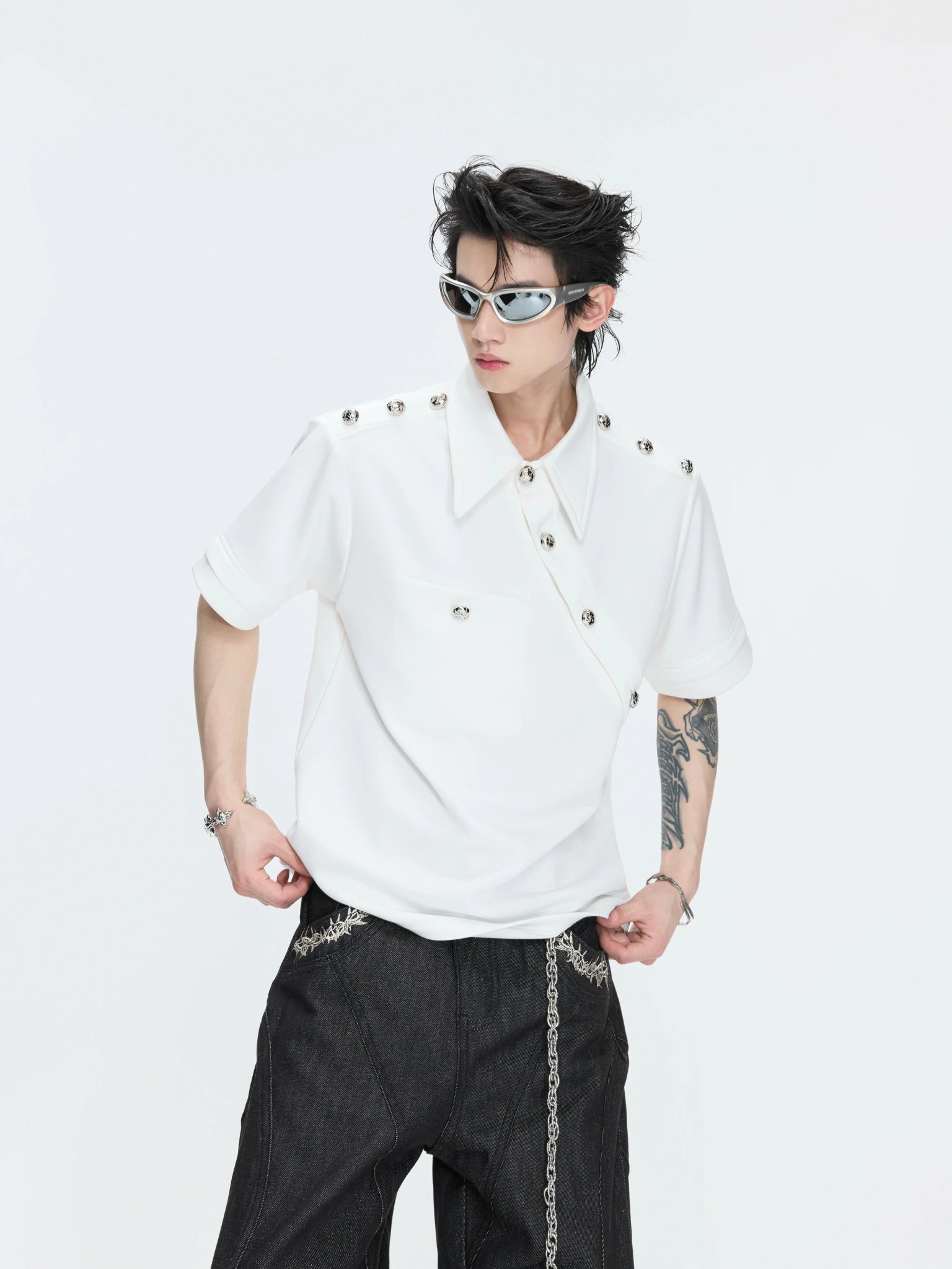 Asymmetric Metal-Button Polo Shirt in Cotton Blend - main image 1