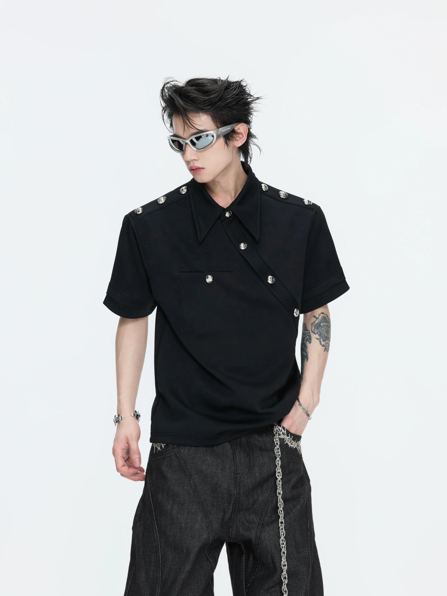 Asymmetric Metal-Button Polo Shirt in Cotton Blend - main image 2