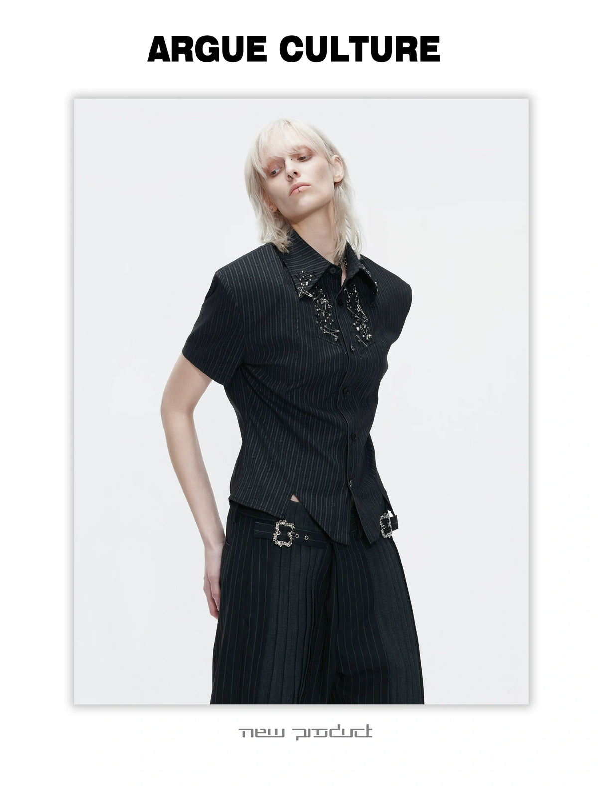 Asymmetric Stripe Shirt with Shoulder-Pad Detail | Streetwear - description image 4