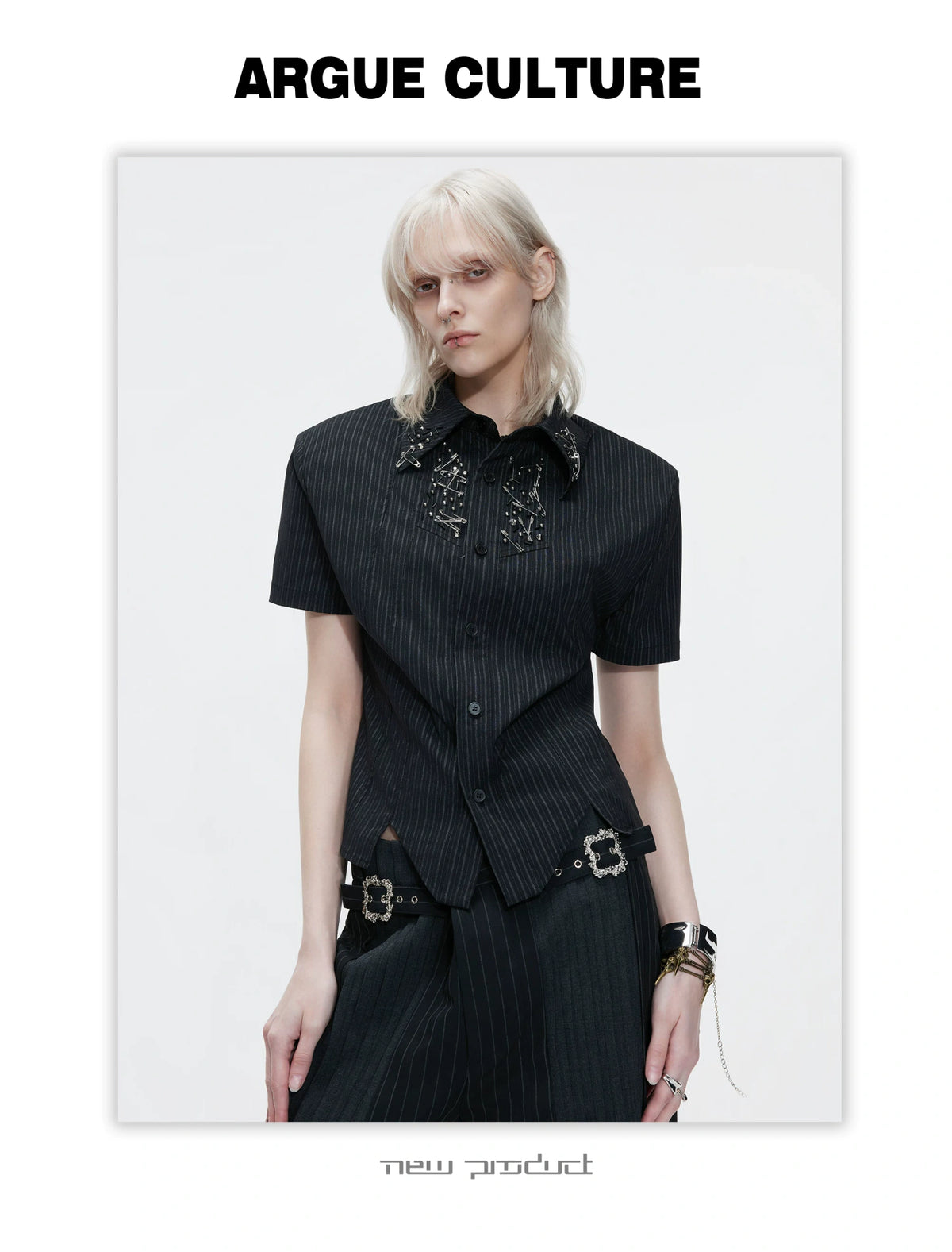 Asymmetric Stripe Shirt with Shoulder-Pad Detail | Streetwear - description image 5