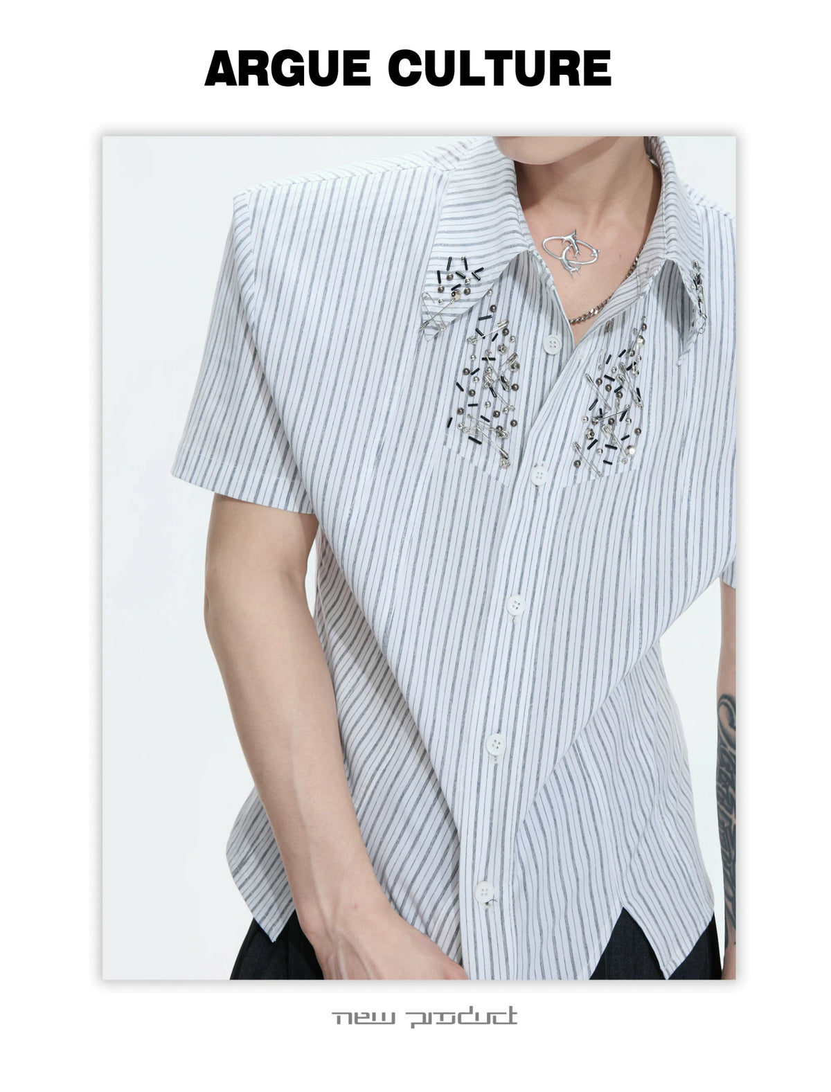 Asymmetric Stripe Shirt with Shoulder-Pad Detail | Streetwear - description image 7
