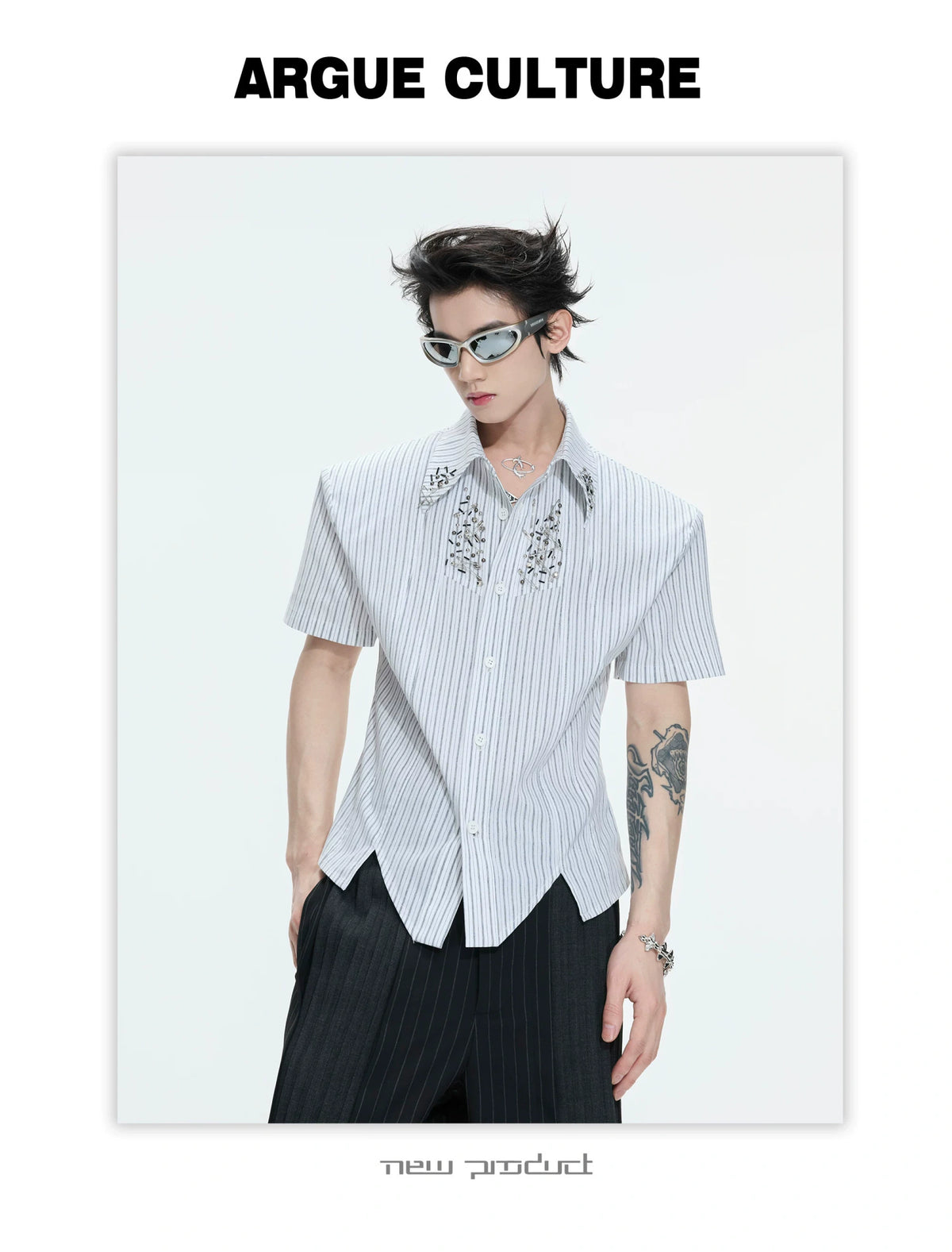 Asymmetric Stripe Shirt with Shoulder-Pad Detail | Streetwear - description image 8