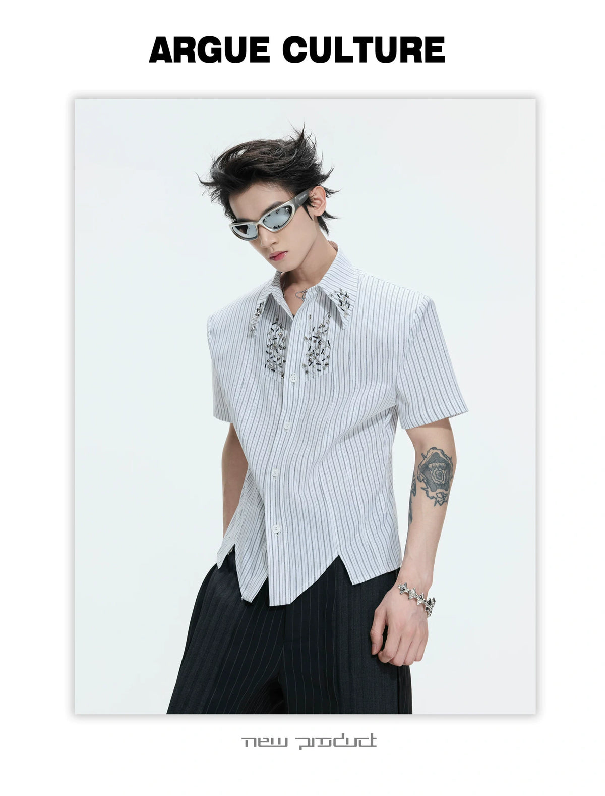 Asymmetric Stripe Shirt with Shoulder-Pad Detail | Streetwear - description image 9