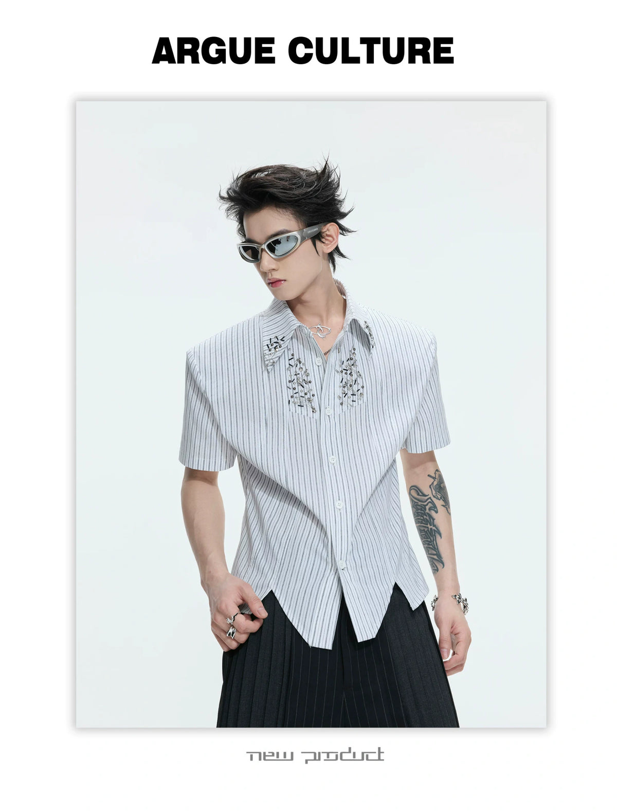 Asymmetric Stripe Shirt with Shoulder-Pad Detail | Streetwear - description image 10