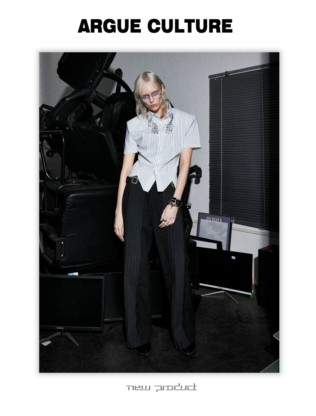 Asymmetric Stripe Shirt with Shoulder-Pad Detail | Streetwear - description image 12