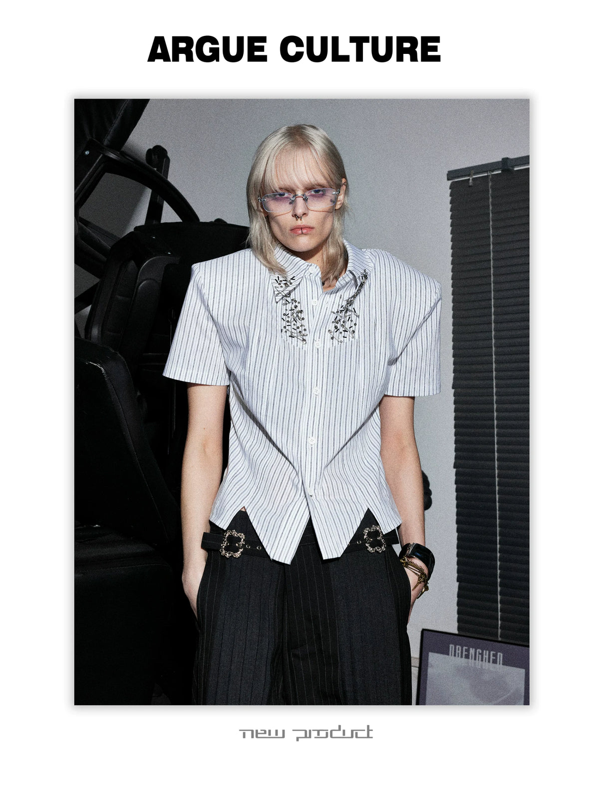 Asymmetric Stripe Shirt with Shoulder-Pad Detail | Streetwear - description image 13