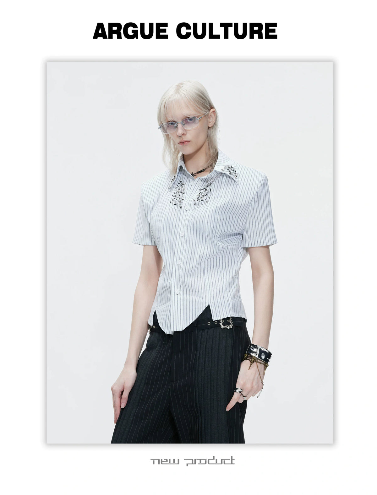 Asymmetric Stripe Shirt with Shoulder-Pad Detail | Streetwear - description image 14