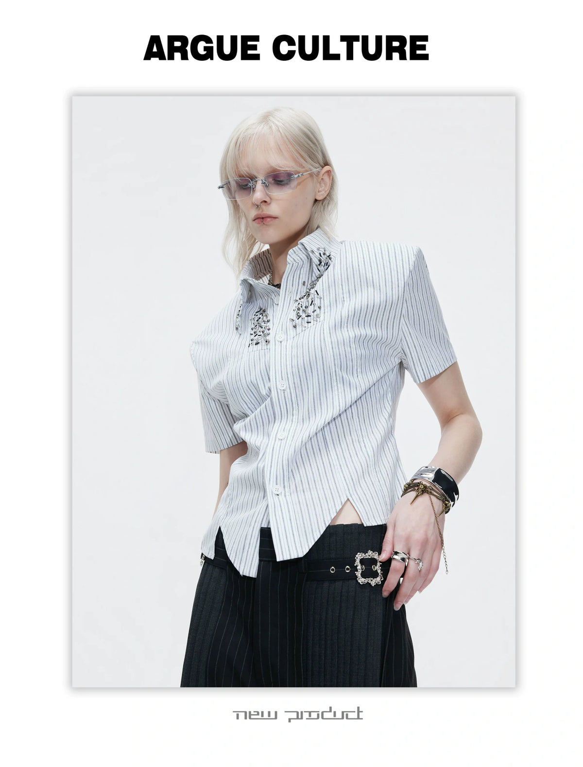 Asymmetric Stripe Shirt with Shoulder-Pad Detail | Streetwear - description image 15