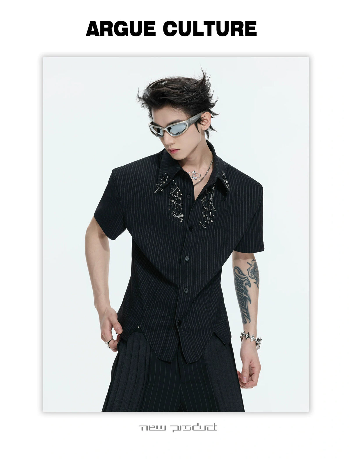 Asymmetric Stripe Shirt with Shoulder-Pad Detail | Streetwear - description image 16
