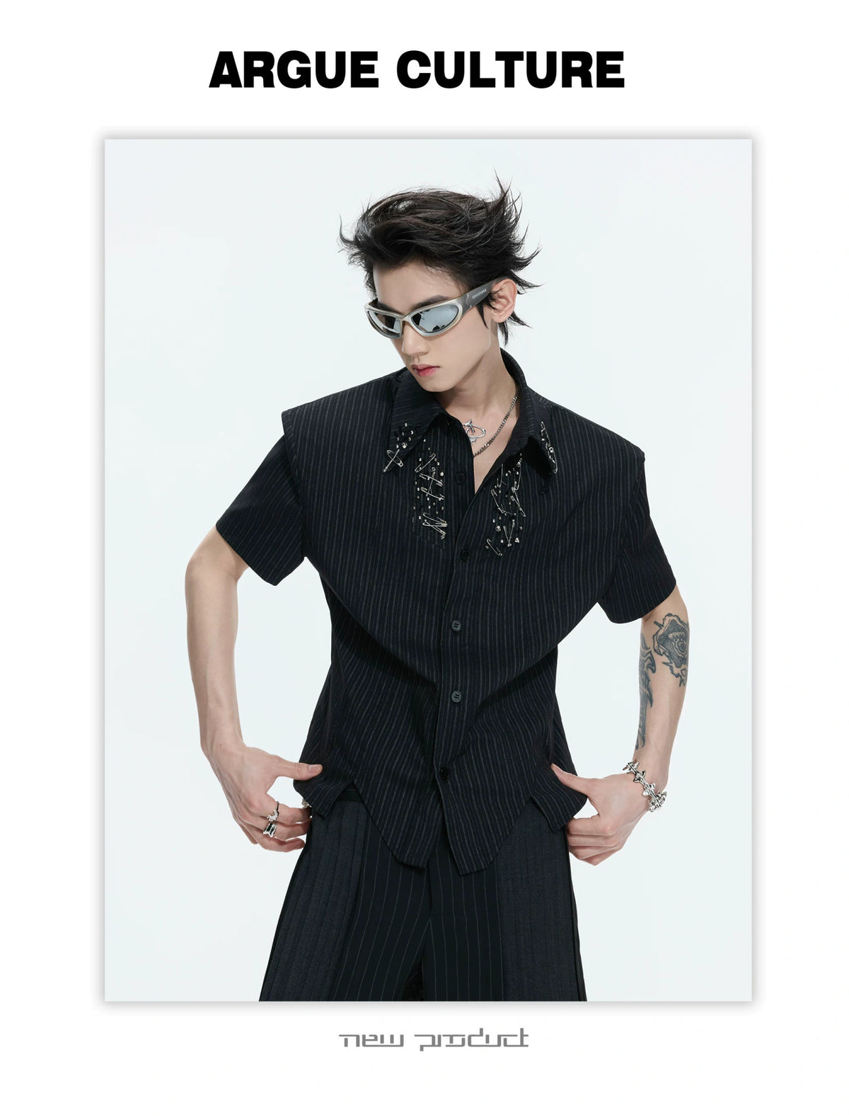 Asymmetric Stripe Shirt with Shoulder-Pad Detail | Streetwear - description image 17